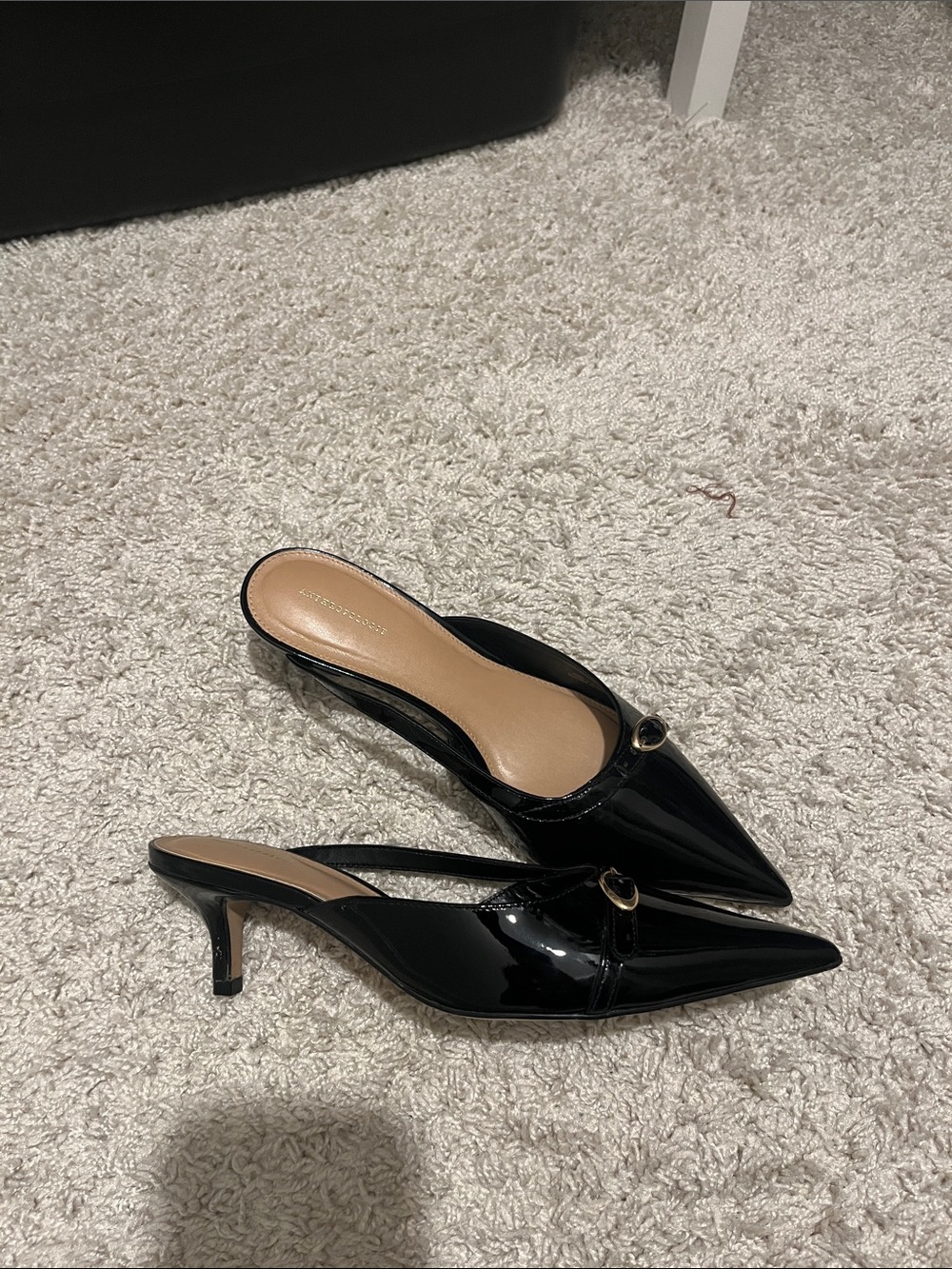Anthropologie Black Patent Pointed-Toe Slingback Mules with Gold Buckle - Picture 3 of 11